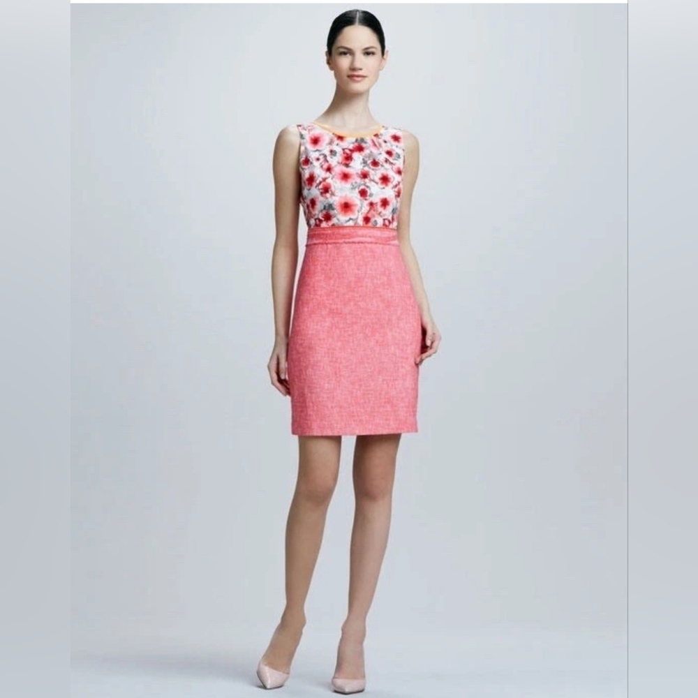 ELIE TAHARI Floral Scoop Neck Sheath Lined Marina Dress Painted Lady Size 8